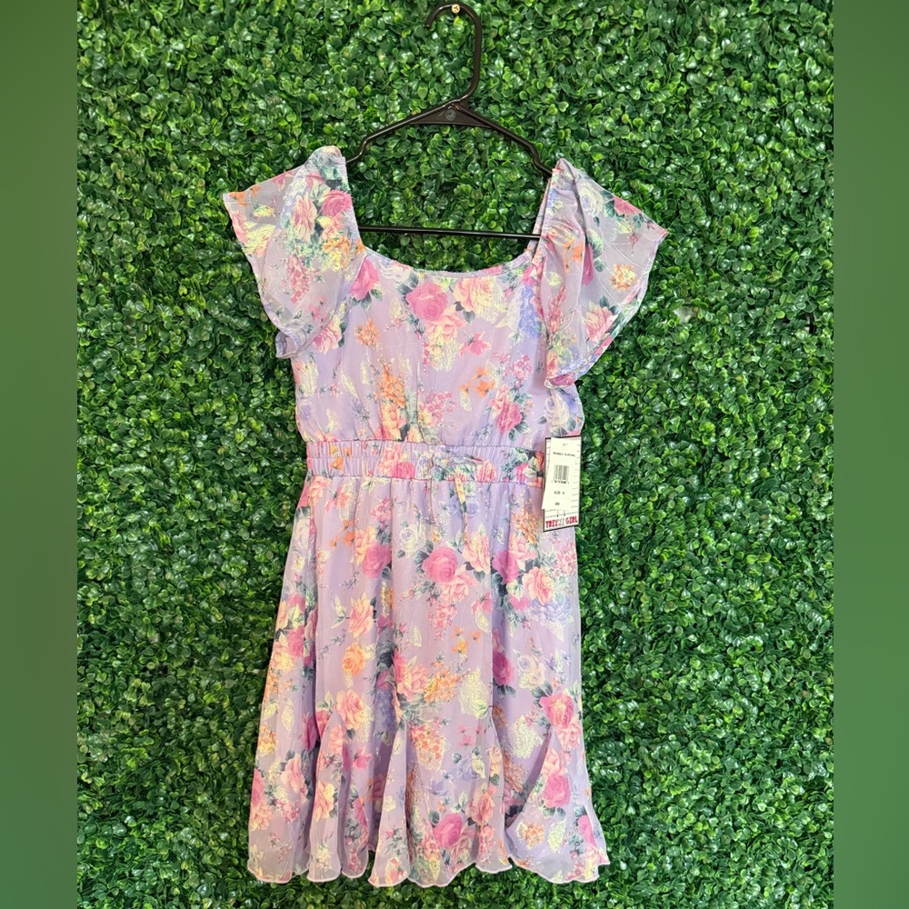 Trixxi Lavender Floral Ruffle-Sleeve Dress with Pink & Cream Blooms